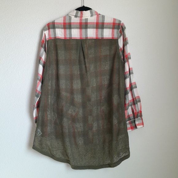 Umgee Mixed Media Plaid Button Up Convertible Sleeve Tunic Lace Trim Size S - Picture 9 of 13